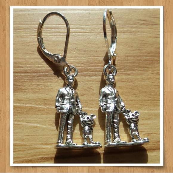 Man and Mouse holding Hands Silver Tone Earrings - Picture 2 of 9